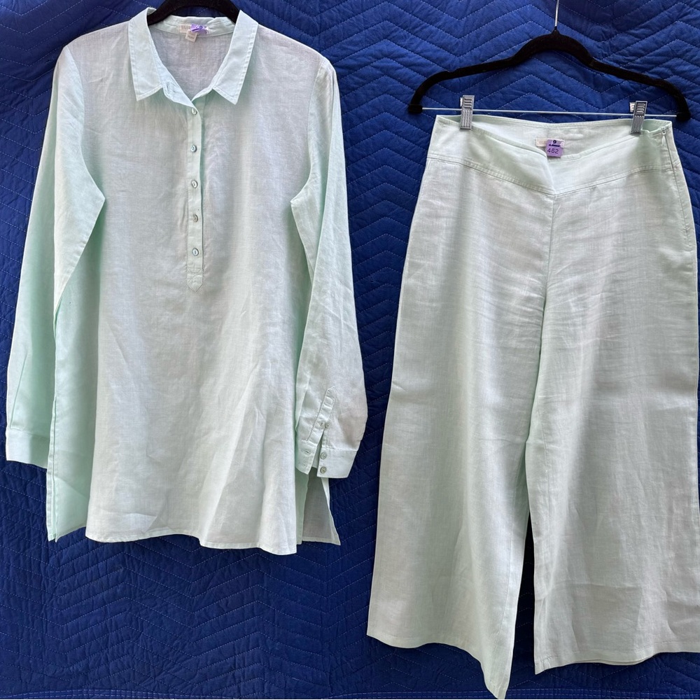 Eileen Fisher Mint Green Linen 2-Piece Set | Button Blouse + Wide Leg Pants